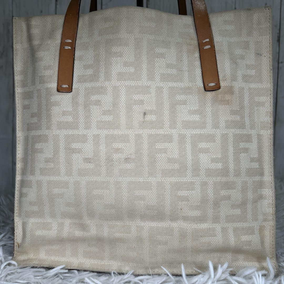 FENDI Hand Bag Tote Purse FF Zucca Canvas Leather White Authentic