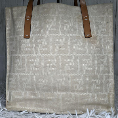 FENDI Hand Bag Tote Purse FF Zucca Canvas Leather White Authentic