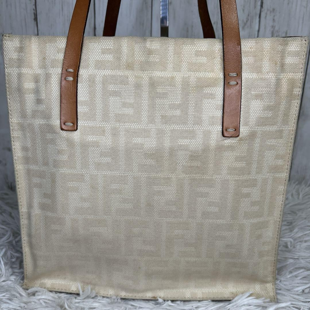 FENDI Hand Bag Tote Purse FF Zucca Canvas Leather White Authentic