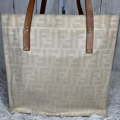 FENDI Hand Bag Tote Purse FF Zucca Canvas Leather White Authentic