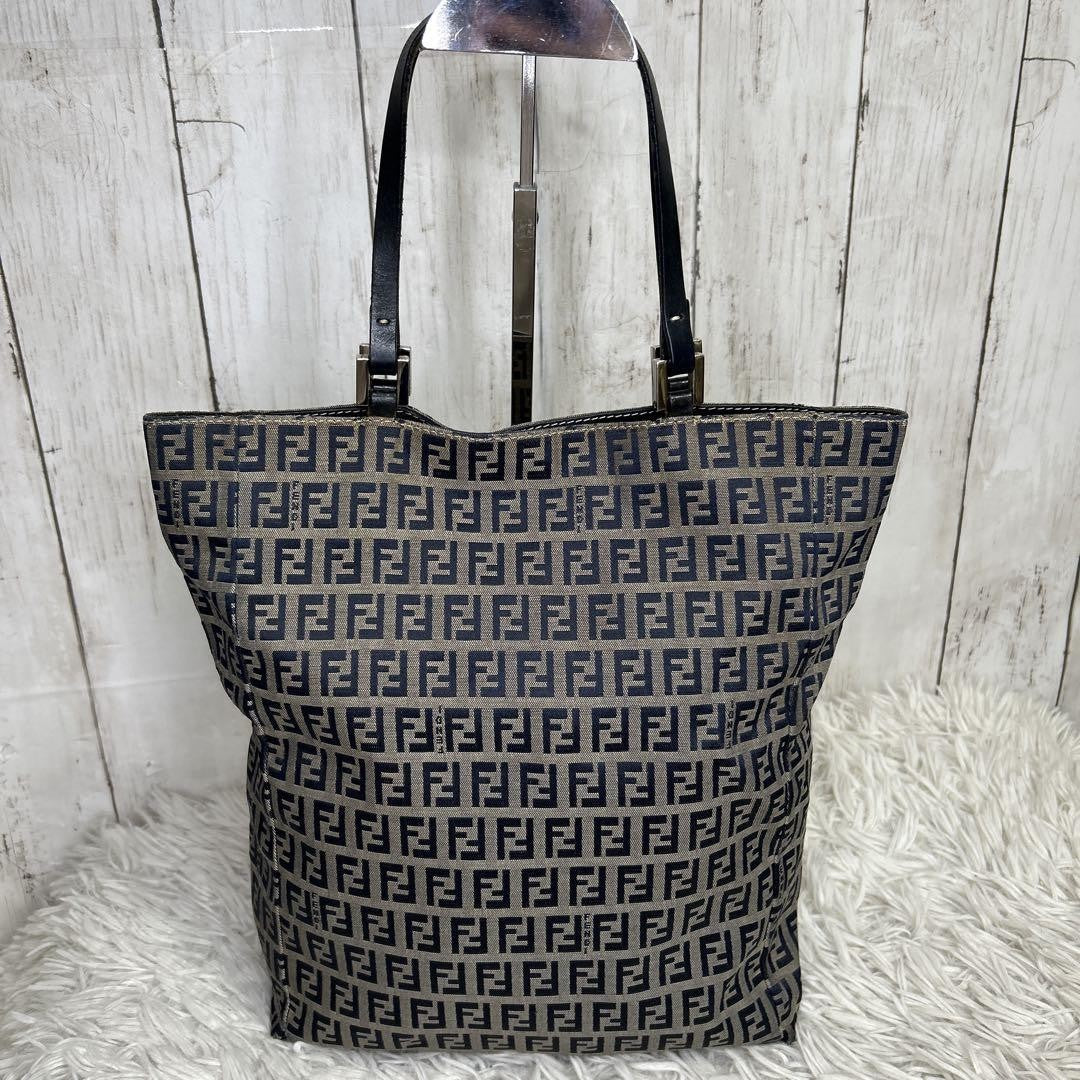 FENDI Hand Bag Tote Purse FF Zucchino Leather Navy Authentic