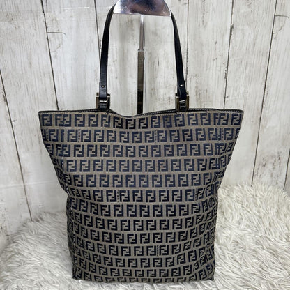 FENDI Hand Bag Tote Purse FF Zucchino Leather Navy Authentic