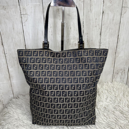 FENDI Hand Bag Tote Purse FF Zucchino Leather Navy Authentic