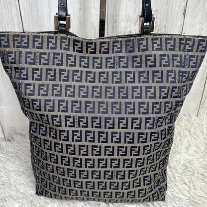 FENDI Hand Bag Tote Purse FF Zucchino Leather Navy Authentic