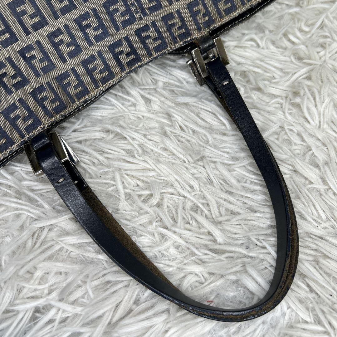 FENDI Hand Bag Tote Purse FF Zucchino Leather Navy Authentic