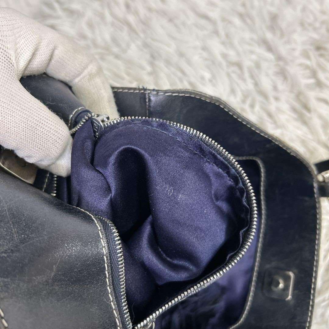 FENDI Hand Bag Tote Purse FF Zucchino Leather Navy Authentic