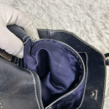 FENDI Hand Bag Tote Purse FF Zucchino Leather Navy Authentic