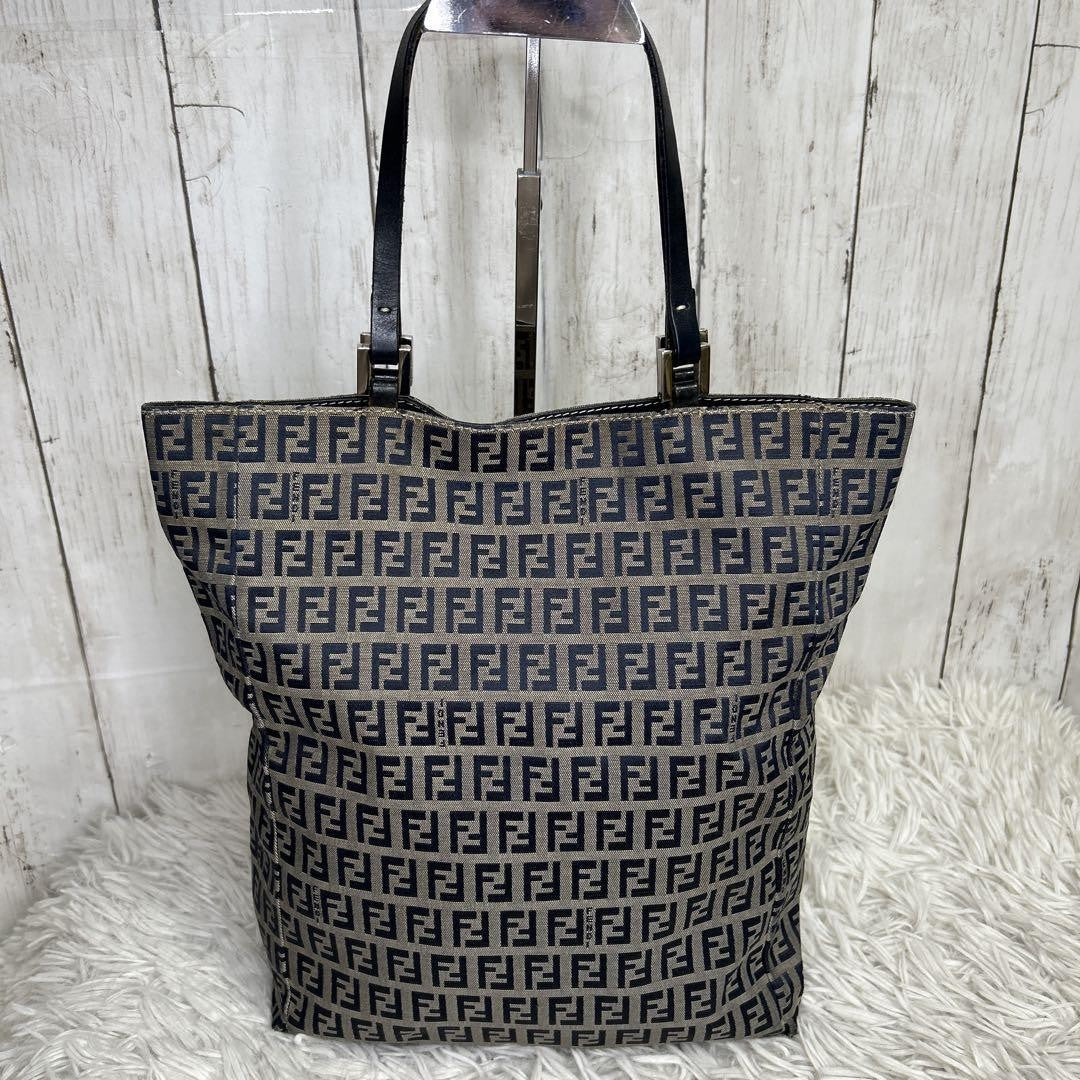 FENDI Hand Bag Tote Purse FF Zucchino Leather Navy Authentic