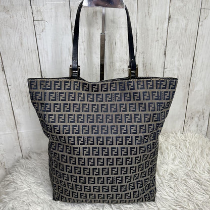 FENDI Hand Bag Tote Purse FF Zucchino Leather Navy Authentic