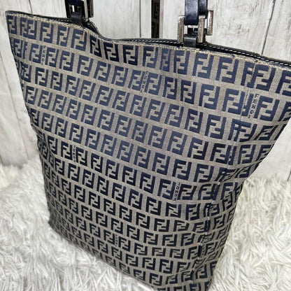 FENDI Hand Bag Tote Purse FF Zucchino Leather Navy Authentic