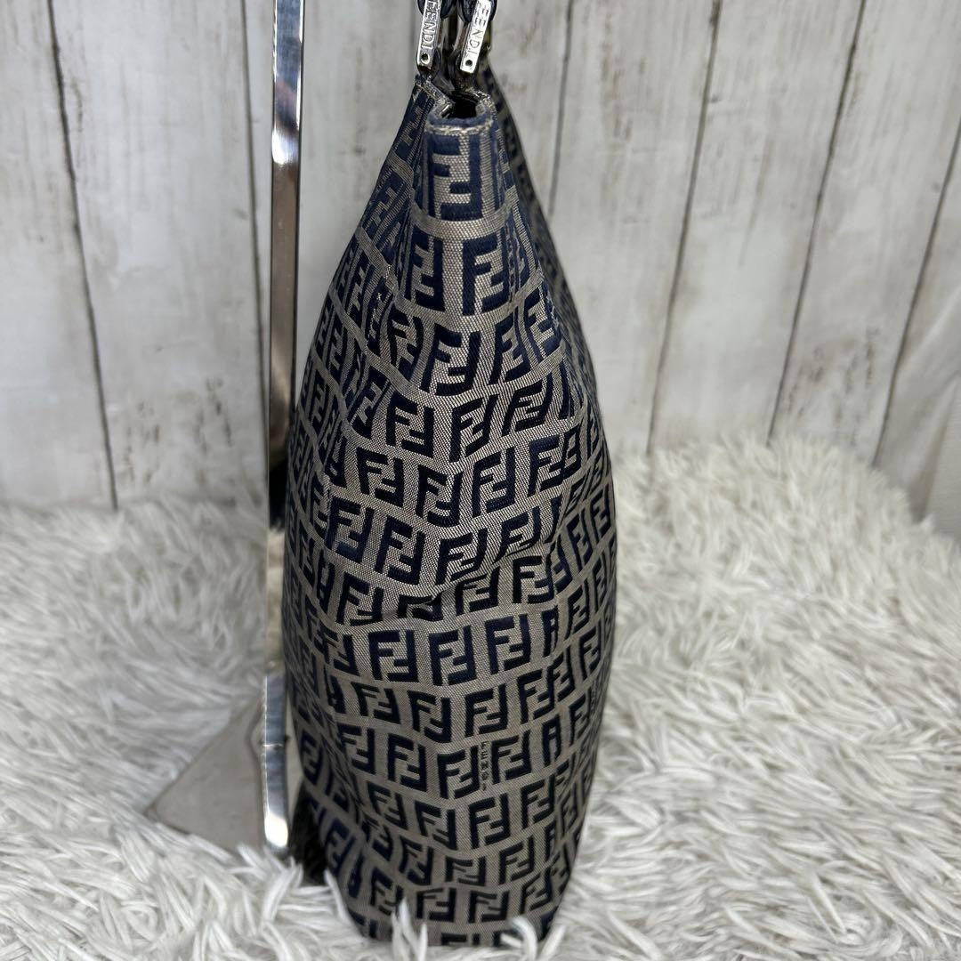 FENDI Hand Bag Tote Purse FF Zucchino Leather Navy Authentic