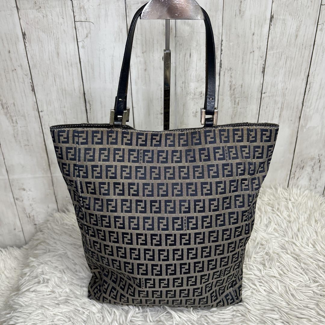 FENDI Hand Bag Tote Purse FF Zucchino Leather Navy Authentic