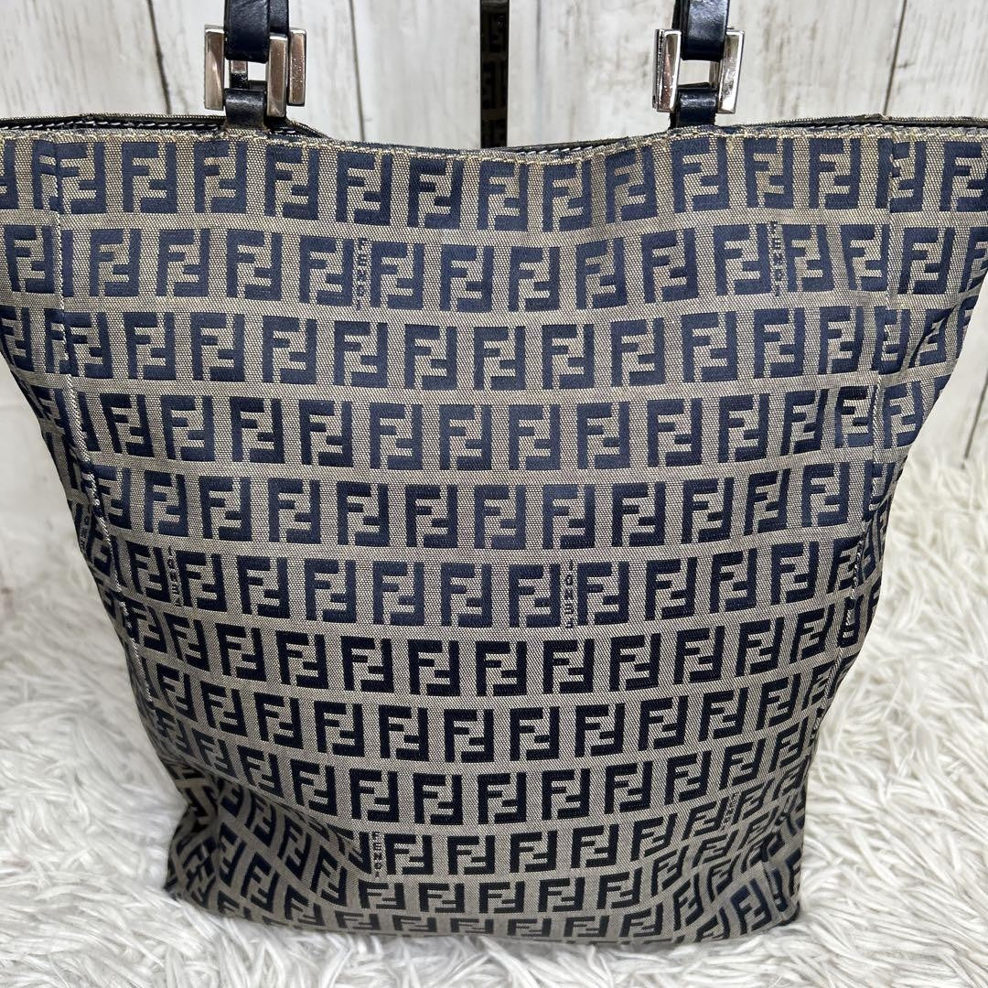 FENDI Hand Bag Tote Purse FF Zucchino Leather Navy Authentic