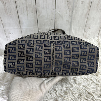 FENDI Hand Bag Tote Purse FF Zucchino Leather Navy Authentic
