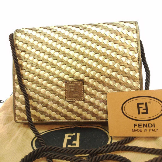 FENDI Shoulder Bag Purse FF Leather Gold Authentic