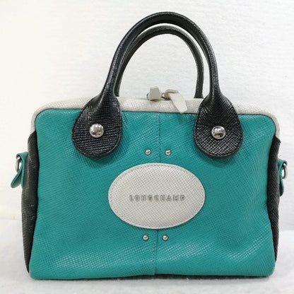 Longchamp Hand Bag Tote Bag Leather Blue Black White Authentic