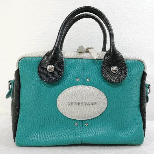 Longchamp Hand Bag Tote Bag Leather Blue Black White Authentic