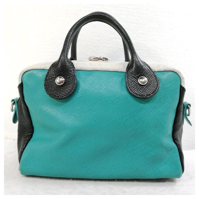 Longchamp Hand Bag Tote Bag Leather Blue Black White Authentic