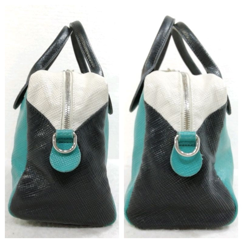 Longchamp Hand Bag Tote Bag Leather Blue Black White Authentic