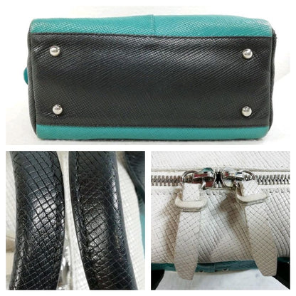 Longchamp Hand Bag Tote Bag Leather Blue Black White Authentic