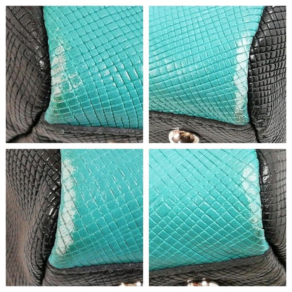 Longchamp Hand Bag Tote Bag Leather Blue Black White Authentic