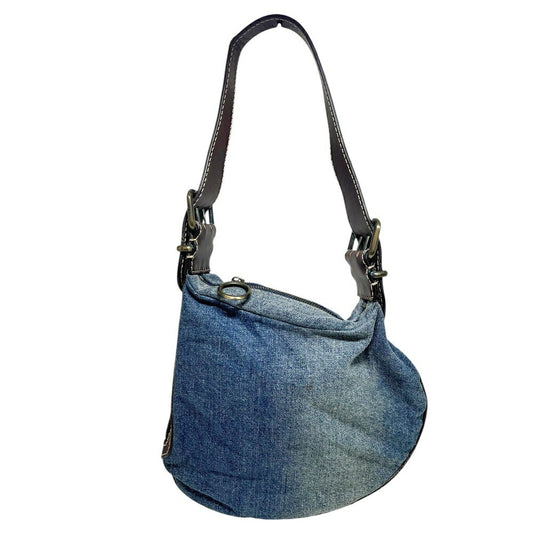 FENDI Denim One-Shoulder Bag Purse Cotton Leather Blue Brown Authentic
