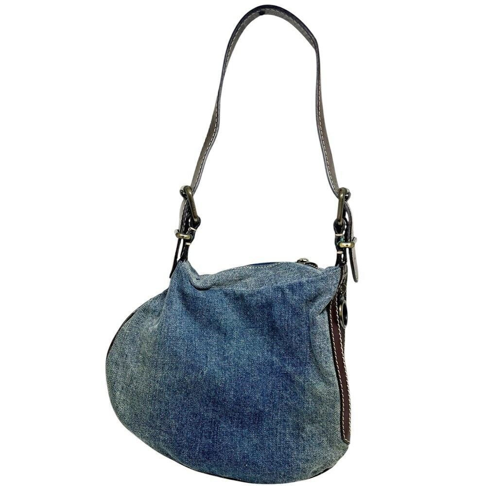 FENDI Denim One-Shoulder Bag Purse Cotton Leather Blue Brown Authentic