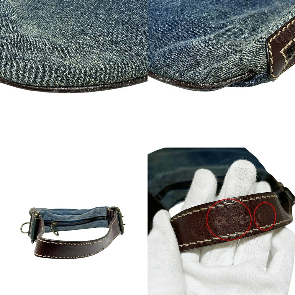 FENDI Denim One-Shoulder Bag Purse Cotton Leather Blue Brown Authentic