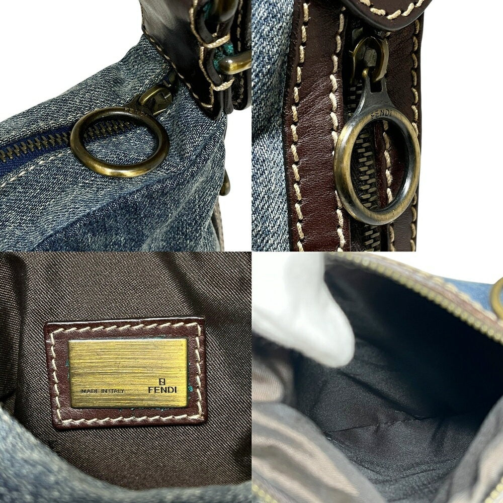 FENDI Denim One-Shoulder Bag Purse Cotton Leather Blue Brown Authentic