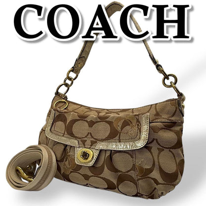 COACH Shoulder Bag Purse 2way Turn Lock Gold Brown Authentic
