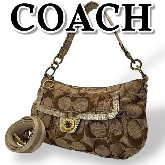 COACH Shoulder Bag Purse 2way Turn Lock Gold Brown Authentic