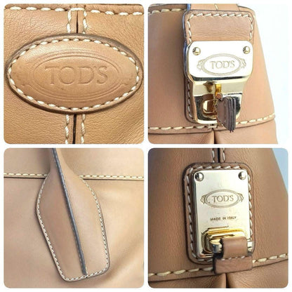 TOD'S Hand Shoulder Bag Tote Purse 2way D Bag Leather Camel Beige Authentic