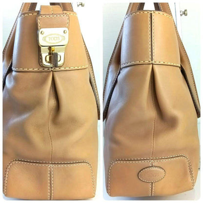 TOD'S Hand Shoulder Bag Tote Purse 2way D Bag Leather Camel Beige Authentic