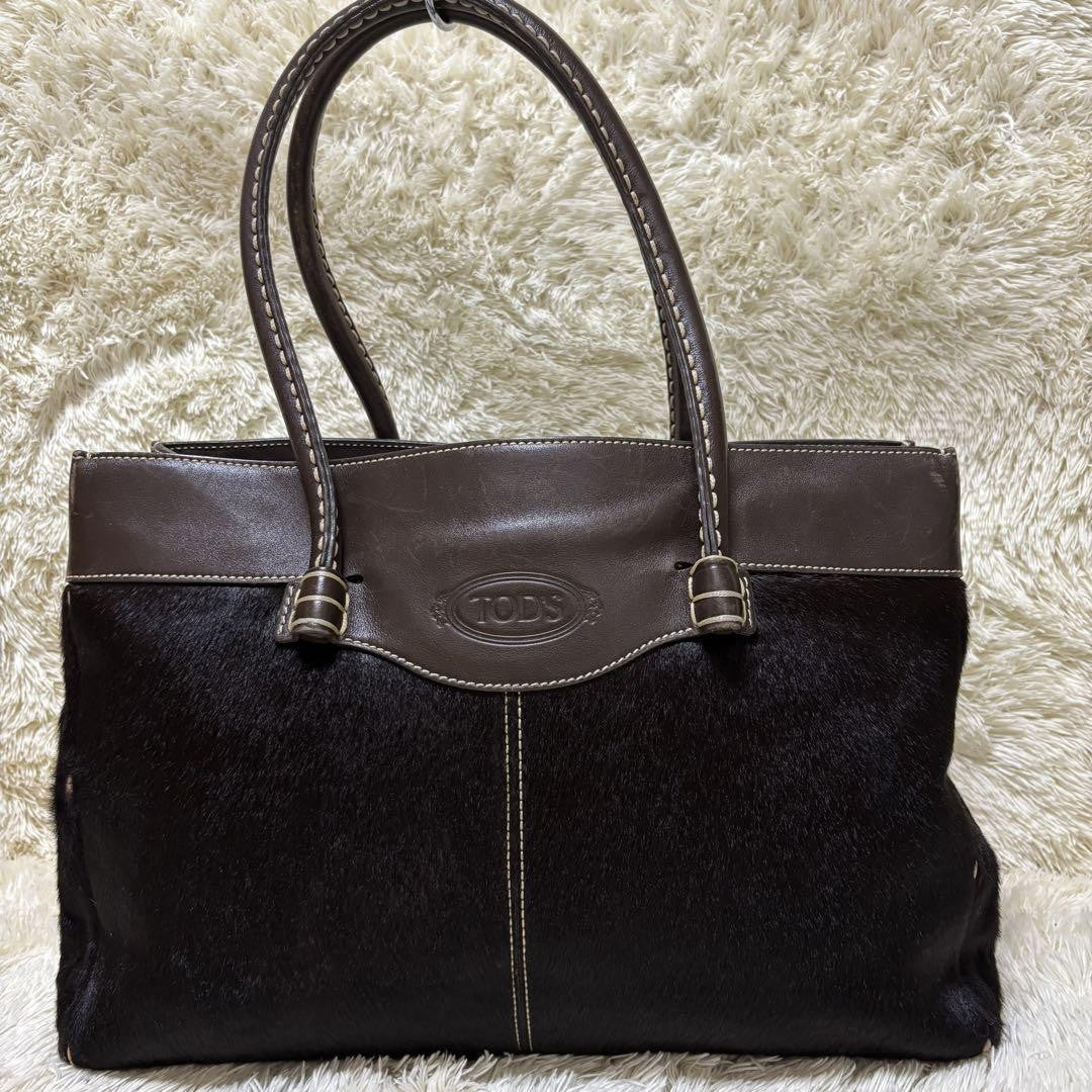 TOD'S Hand Bag Tote Purse Business Bag Leather Brown Black Authentic