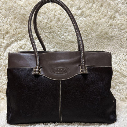 TOD'S Hand Bag Tote Purse Business Bag Leather Brown Black Authentic