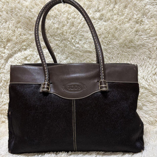 TOD'S Hand Bag Tote Purse Business Bag Leather Brown Black Authentic