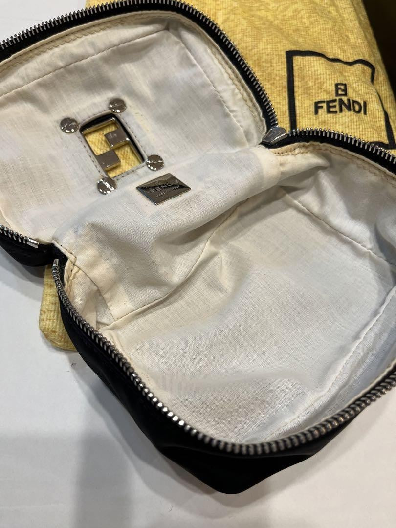 FENDI Vanity Bag Accessory Pouch Hand Bag FF Nylon Canvas Leather Black Auth