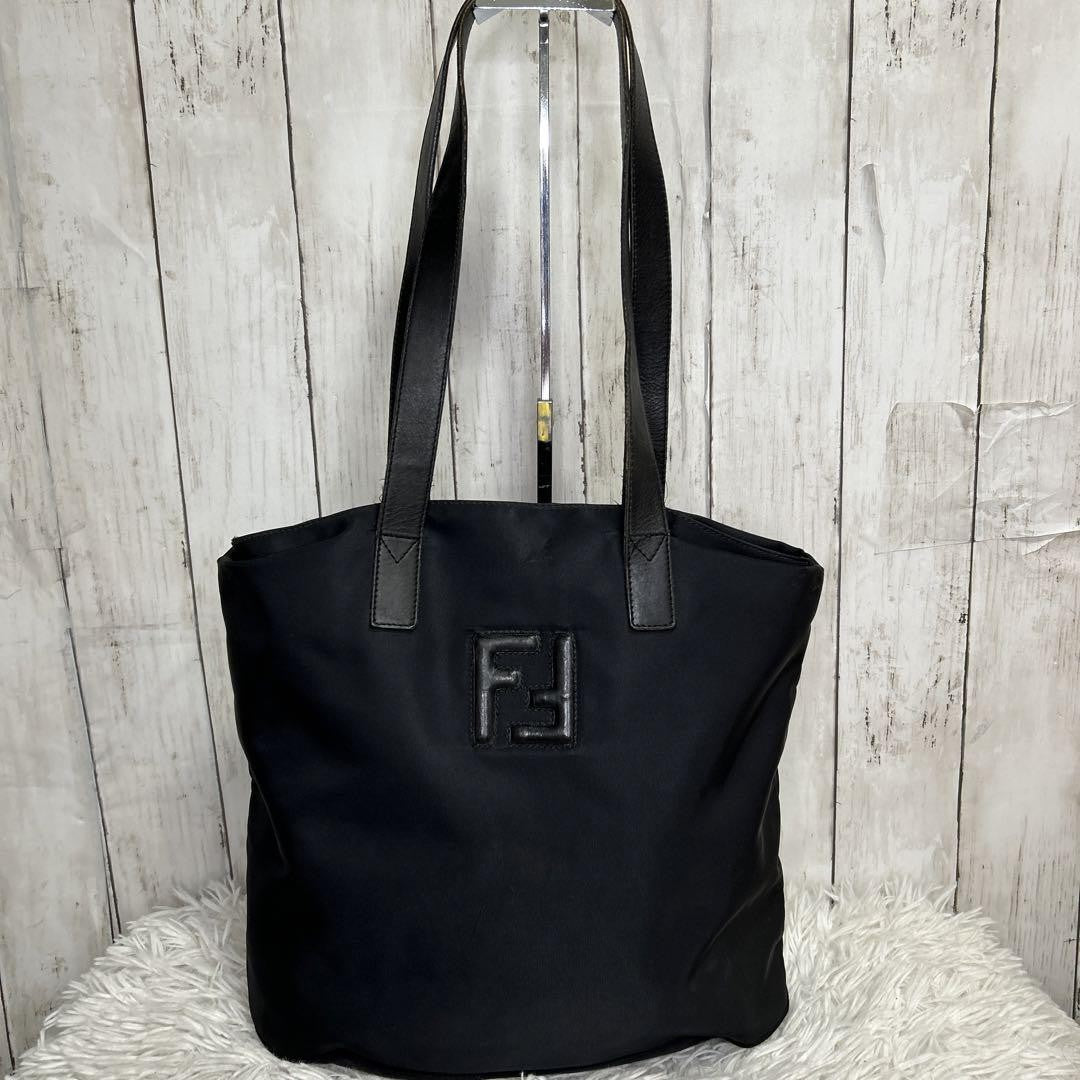 FENDI Hand Shoulder Bag Tote Purse FF Nylon Black Authentic