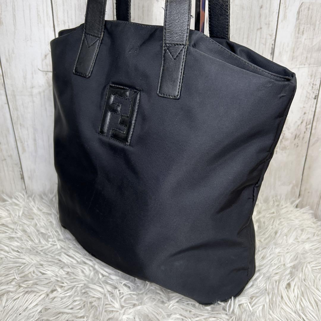 FENDI Hand Shoulder Bag Tote Purse FF Nylon Black Authentic