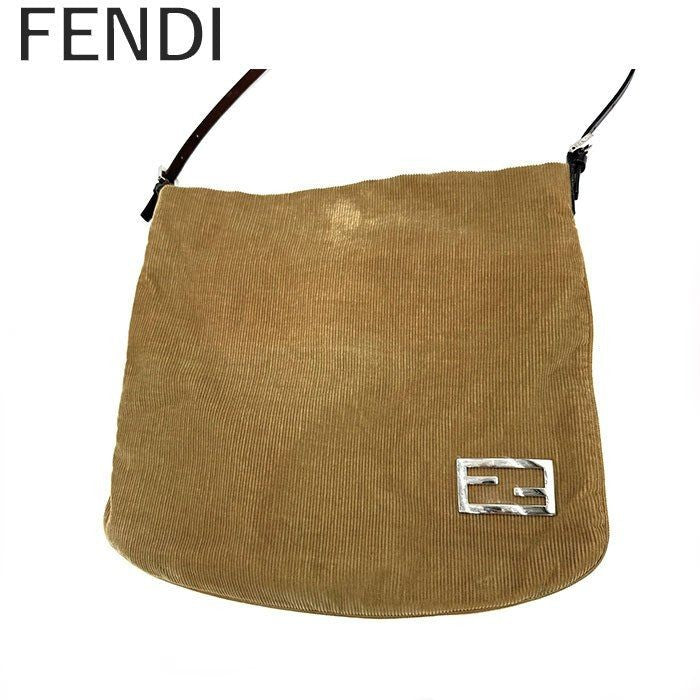 FENDI Shoulder Bag Purse FF Corduroy Camel Brown Authentic