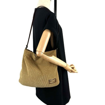 FENDI Shoulder Bag Purse FF Corduroy Camel Brown Authentic