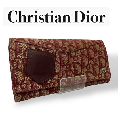Christian Dior Flap Wallet Long Purse Trotter Canvas Leather Beige Red Authentic