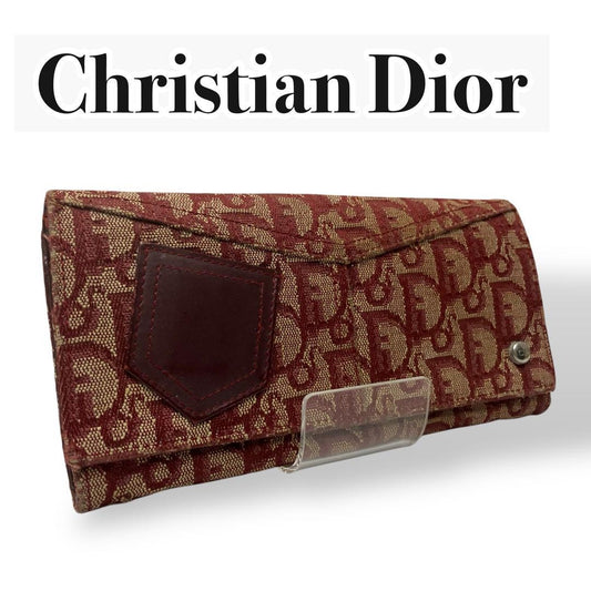 Christian Dior Flap Wallet Long Purse Trotter Canvas Leather Beige Red Authentic