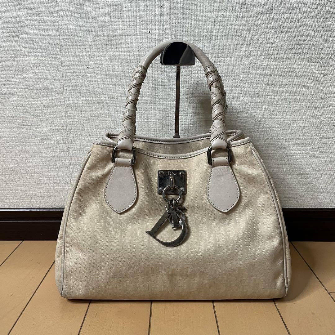 Christian Dior Hand Bag Tote Purse Trotter Leather Canvas White Authentic