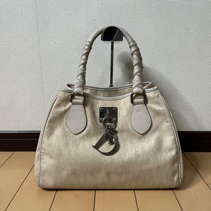 Christian Dior Hand Bag Tote Purse Trotter Leather Canvas White Authentic