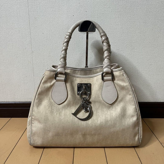 Christian Dior Hand Bag Tote Purse Trotter Leather Canvas White Authentic