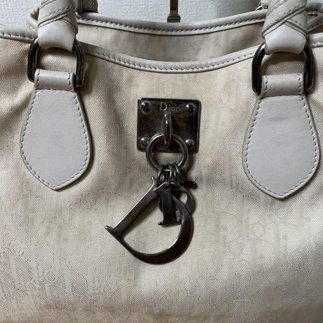 Christian Dior Hand Bag Tote Purse Trotter Leather Canvas White Authentic