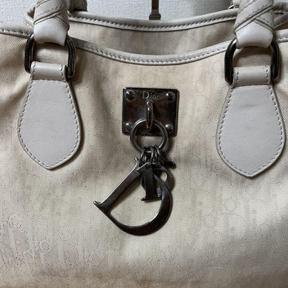Christian Dior Hand Bag Tote Purse Trotter Leather Canvas White Authentic