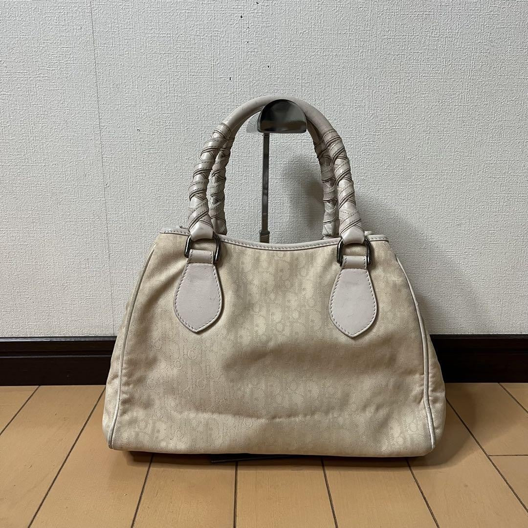 Christian Dior Hand Bag Tote Purse Trotter Leather Canvas White Authentic