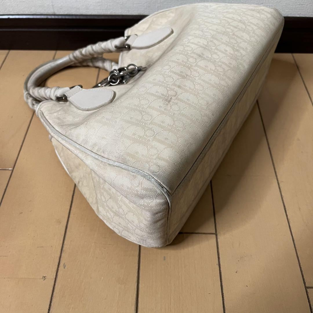 Christian Dior Hand Bag Tote Purse Trotter Leather Canvas White Authentic